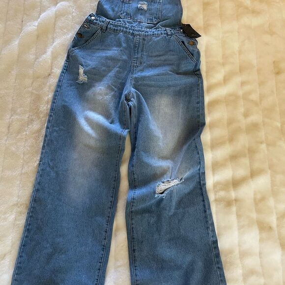 NWT SHEIN SYX women’s plus size faded Blue and Ripped Denim Overalls SZ1X - Picture 10 of 16